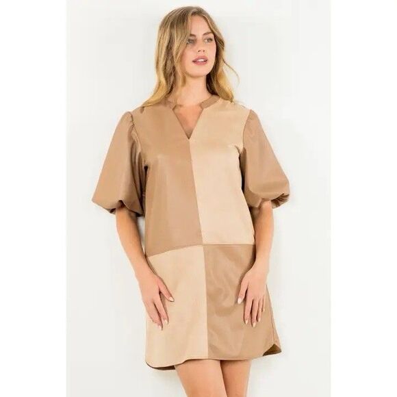 NEW TAGS THML Vegan Leather Puff Sleeve Dress Colorblock Camel Color Size XSMALL - Picture 1 of 13